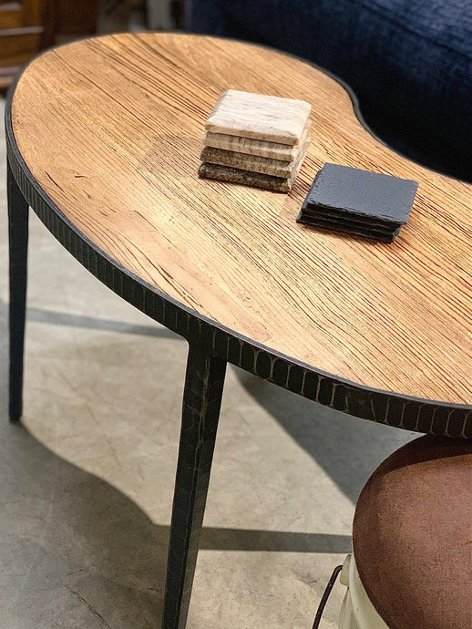 Kidney shaped reclaimed wood coffee table